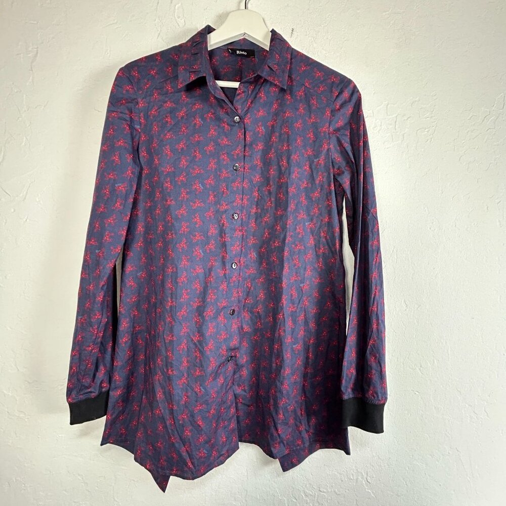 Risto Womens Navy Evil Tree Tulip Back Shirt Tunic Small 100% Cotton Long Sleeve
